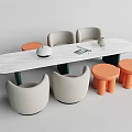 Kids Table with White Marble Top Light Gray Chairs and Orange Stools 3d model