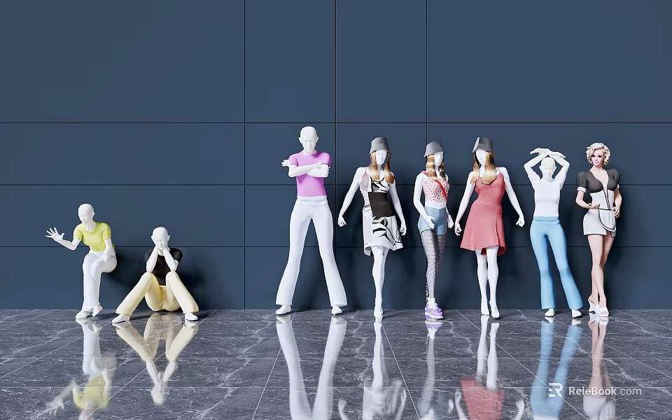 Mannequins In Various Poses And Different Outfits Against Dark Wall And Marble Floor 3d model 