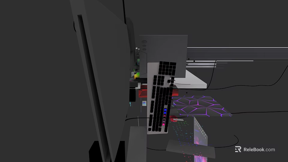 Modern Electronic Desktop Setup With RGB Keyboard Monitor And Cables 3d model 