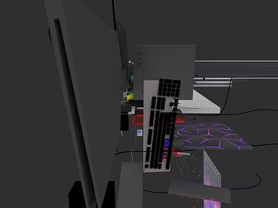 Modern Electronic Desktop Setup With RGB Keyboard Monitor And Cables 3d model
