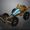 Orange Futuristic Sci Fi Vehicle With Large Tires And Blue Transparent Panels