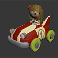 Toy Doll With Pink Bow Riding Red And White Toy Car Yellow Wheels Number 1
