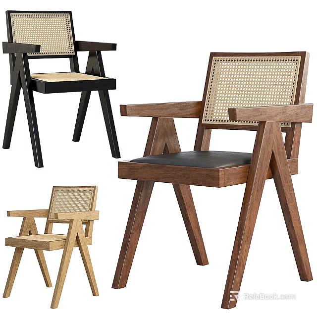 Modern Leisure Chair With Wooden Frame Rattan Back And Leather Seat 3d model 