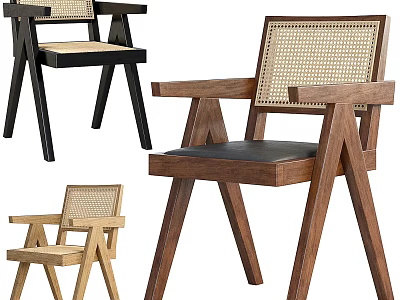 Modern Leisure Chair With Wooden Frame Rattan Back And Leather Seat 3d model