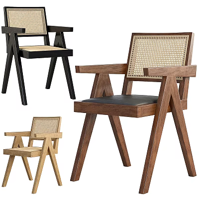 Modern Leisure Chair With Wooden Frame Rattan Back And Leather Seat 3d model