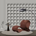 Modern Orange Accent Chair With Geometric Patterned Wall Floor Lamp And Side Table 3d model