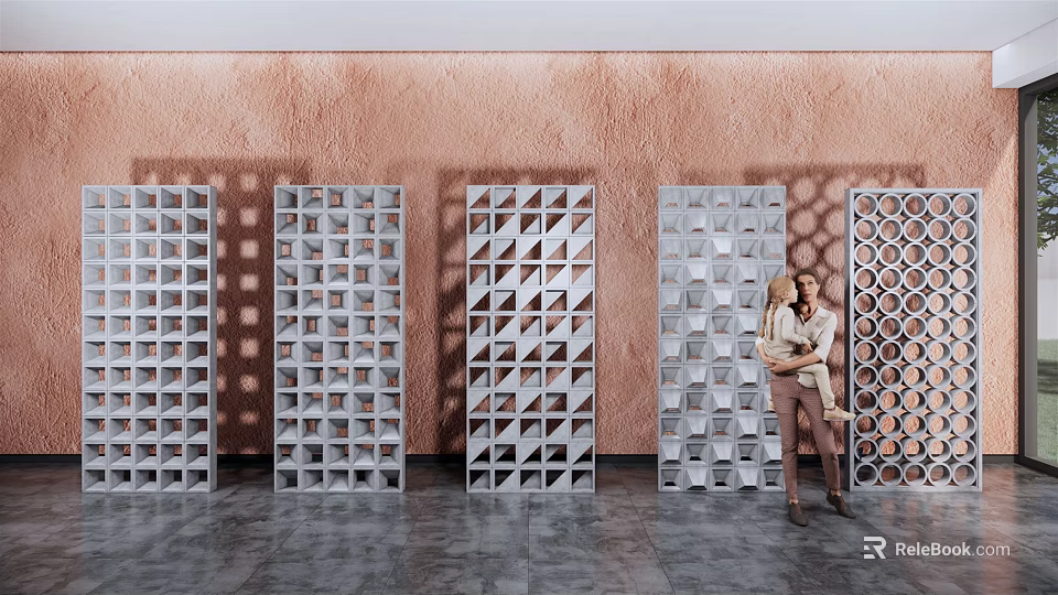 Stylish Room Dividers with Various Geometric Patterns Against Textured Wall 3d model