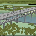 Multi lane Bridge With Highway Traffic And Train Over River Surrounded By Trees And Buildings