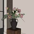 Decorative Bonsai Plant with Pink Tulips in Silver Vase on Wooden Table by Window Curtain