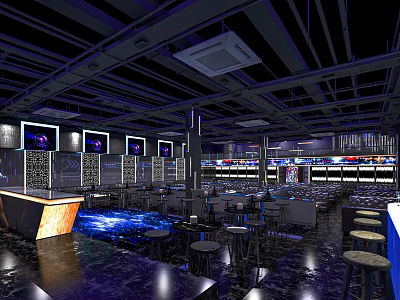 Modern Bar Interior With Open Counter Neon Lights Blue Lighting High Stools And Wine Racks 3d model