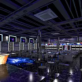 Modern Bar Interior With Open Counter Neon Lights Blue Lighting High Stools And Wine Racks