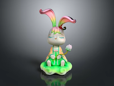 Cute Colorful Rabbit Doll With Rainbow Ears Closed Eyes Holding Flower Green Base 3d model