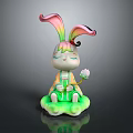Cute Colorful Rabbit Doll With Rainbow Ears Closed Eyes Holding Flower Green Base