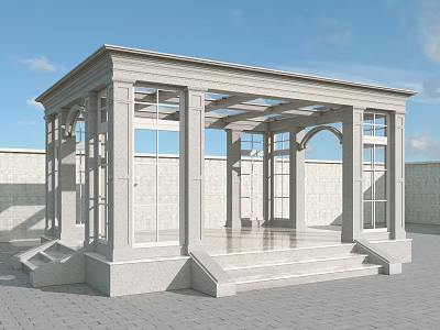 White Stone Pavilion With Open Design Glass Windows Columns And Steps 3d model