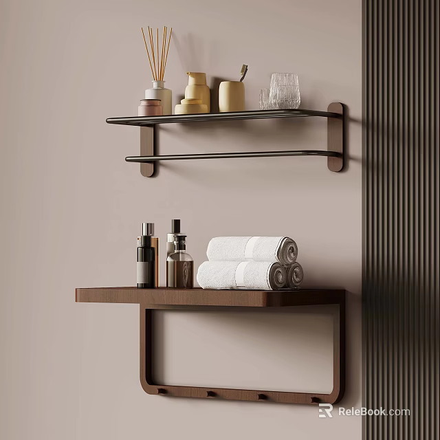 Elegant Modern Bathroom Wall Mounted Shelves With Towels Toiletries And Glassware 3d model 