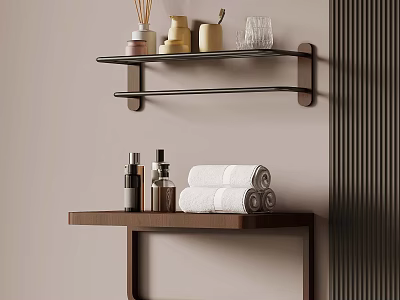 Elegant Modern Bathroom Wall Mounted Shelves With Towels Toiletries And Glassware 3d model