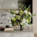 Elegant Decorative Ornament Combination For Modern Kitchen Countertop With Flower Vase Green Plants And Books
