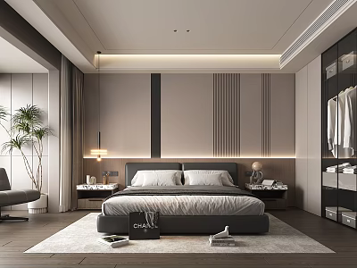 Modern Bedroom Interior With Bed Nightstands Table Lamps Rug And Glass Wardrobe 3d model