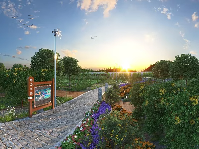 Scenic Countryside Garden Walkway With Colorful Flowers And Lush Green Trees Under Beautiful Golden Sunset 3d model