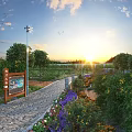 Scenic Countryside Garden Walkway With Colorful Flowers And Lush Green Trees Under Beautiful Golden Sunset