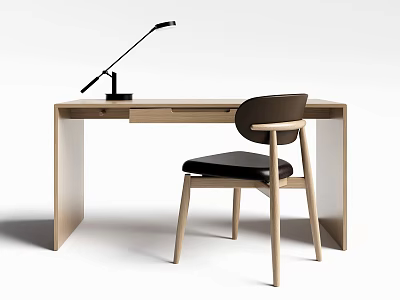 Modern Minimalist Wooden Desk With Dark Seat Chair And Black Arm Table Lamp 3d model