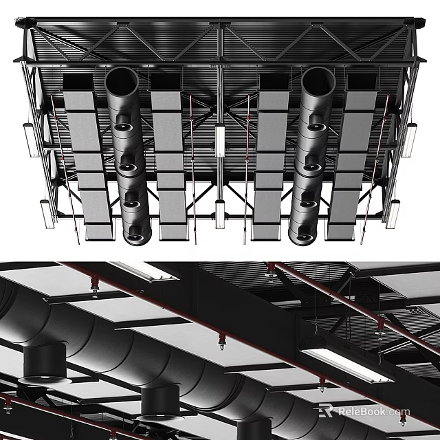 Industrial Ceiling Structure With Metal Framework Ducts And Lighting Fixtures 3d model