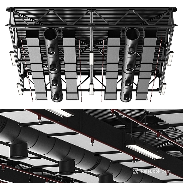 Industrial Ceiling Structure With Metal Framework Ducts And Lighting Fixtures 3d model 