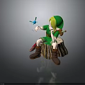 3D Character In Green Outfit Sitting On Tree Stump With Blue Windmill And Brown Boots