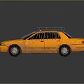 Yellow Sedan With Roof Rack And Window Bars On Dark Background
