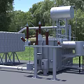 Outdoor Industrial Equipment Featuring Metal Structure Cylindrical Tank Pipes And Green Grass