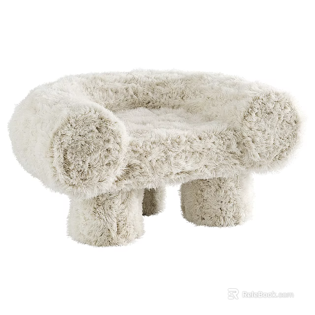Soft Fluffy Ivory Plush Stool With Comfortable Round Armrest And Short Legs 3d model 