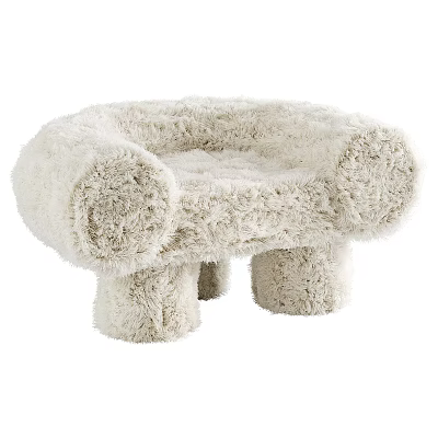 Soft Fluffy Ivory Plush Stool With Comfortable Round Armrest And Short Legs 3d model