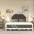 Elegant Double Bed With Tufted Black Headboard White Carved Frame And Bedside Tables