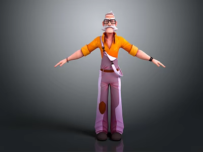 3D Game Movie Character With White Hair Glasses Orange Shirt Purple Pants Standing Arms Outstretched 3d model