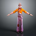 3D Game Movie Character With White Hair Glasses Orange Shirt Purple Pants Standing Arms Outstretched