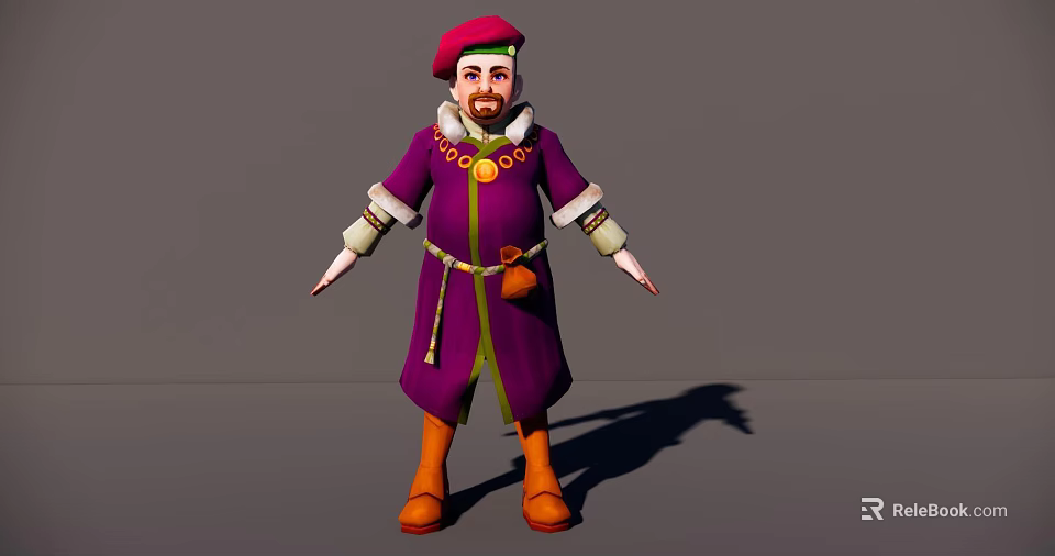 Man in Purple Robe with Red Hat Golden Decorations Orange Boots and Waist Pouch 3d model 