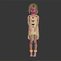 3D Female Character Barefoot In Red Triangle Dress With Yellow Collar Bracelets On Gray Background