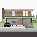 Modern Detached Villa With Wooden Facade Balcony Palm Trees And Parked Cars On Driveway