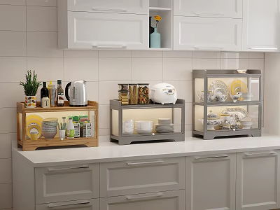 Wooden and Metal Storage Shelves in Kitchen Countertop with Dishes Cups and White Tile Wall 3d model