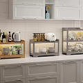 Wooden and Metal Storage Shelves in Kitchen Countertop with Dishes Cups and White Tile Wall