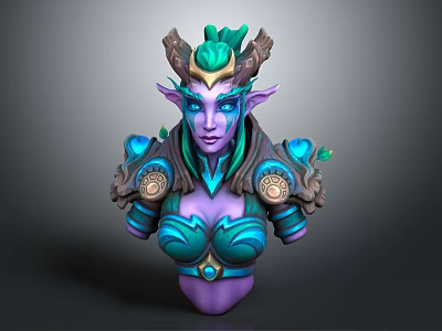 Fantasy Character Bust with Purple Skin Blue Markings Green Horns Pointed Ears and Shoulder Armor 3d model