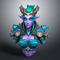 Fantasy Character Bust with Purple Skin Blue Markings Green Horns Pointed Ears and Shoulder Armor