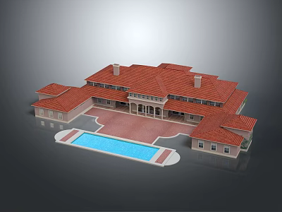 Luxury Mansion With Red Roof And Central Swimming Pool Courtyard Design 3d model