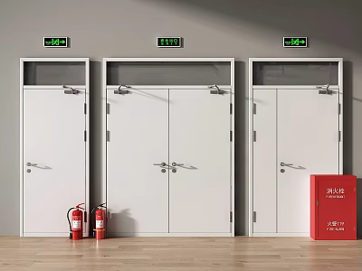 White Fire Safety Double Doors With Green Signs And Red Extinguishers 3d model