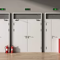 White Fire Safety Double Doors With Green Signs And Red Extinguishers