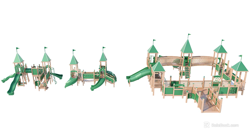 Outdoor Wooden Playground Equipment With Green Roof Towers Sliding Slides And Climbing Features 3d model 