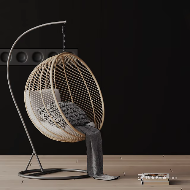 Rattan Round Hanging Leisure Chair With Gray Cushions Soft Blanket And Modern Design 3d model 