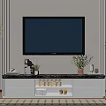 White Modern TV Stand with Marble Top and Decorative Plants in Living Room