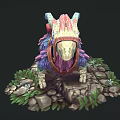Vibrant Feathered Fantasy Creature With Red Backpack Standing On Rocky Ground And Green Plants