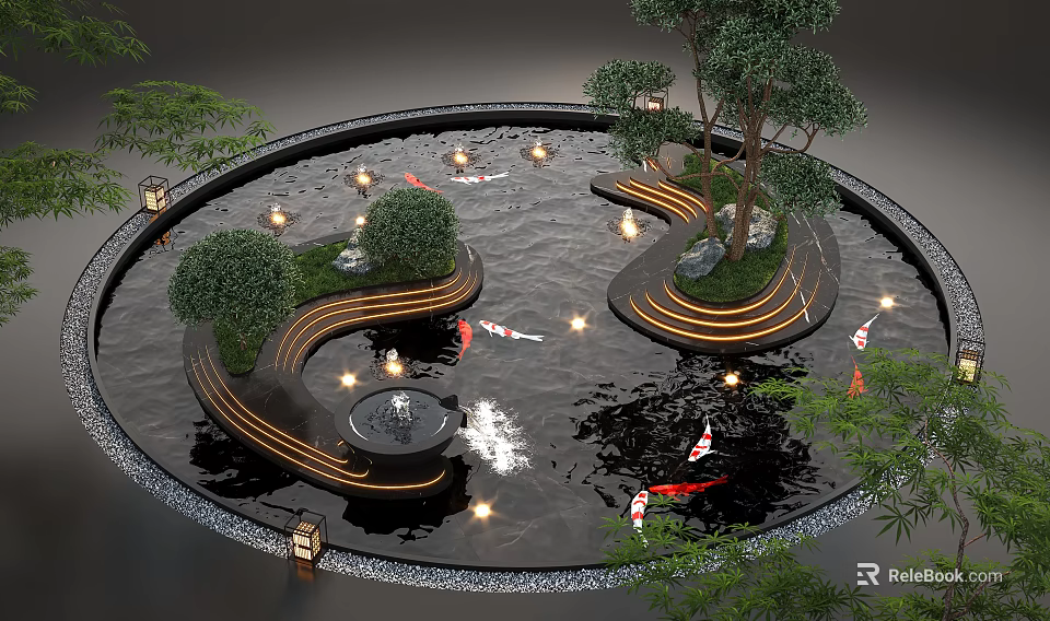 Serene Circular Water Fountain With Koi Fish Trees Curved Walkways And Ambient Lighting 3d model 